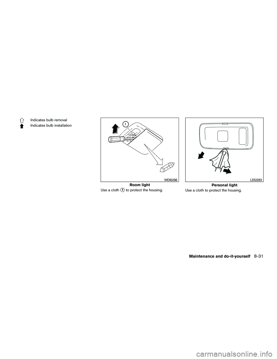 NISSAN NV200 2016  Owners Manual Indicates bulb removal
Indicates bulb installationUse a cloth
1to protect the housing.Use a cloth to protect the housing.
Room light
WDI0206
Personal light
LDI2283
Maintenance and do-it-yourself8-31 