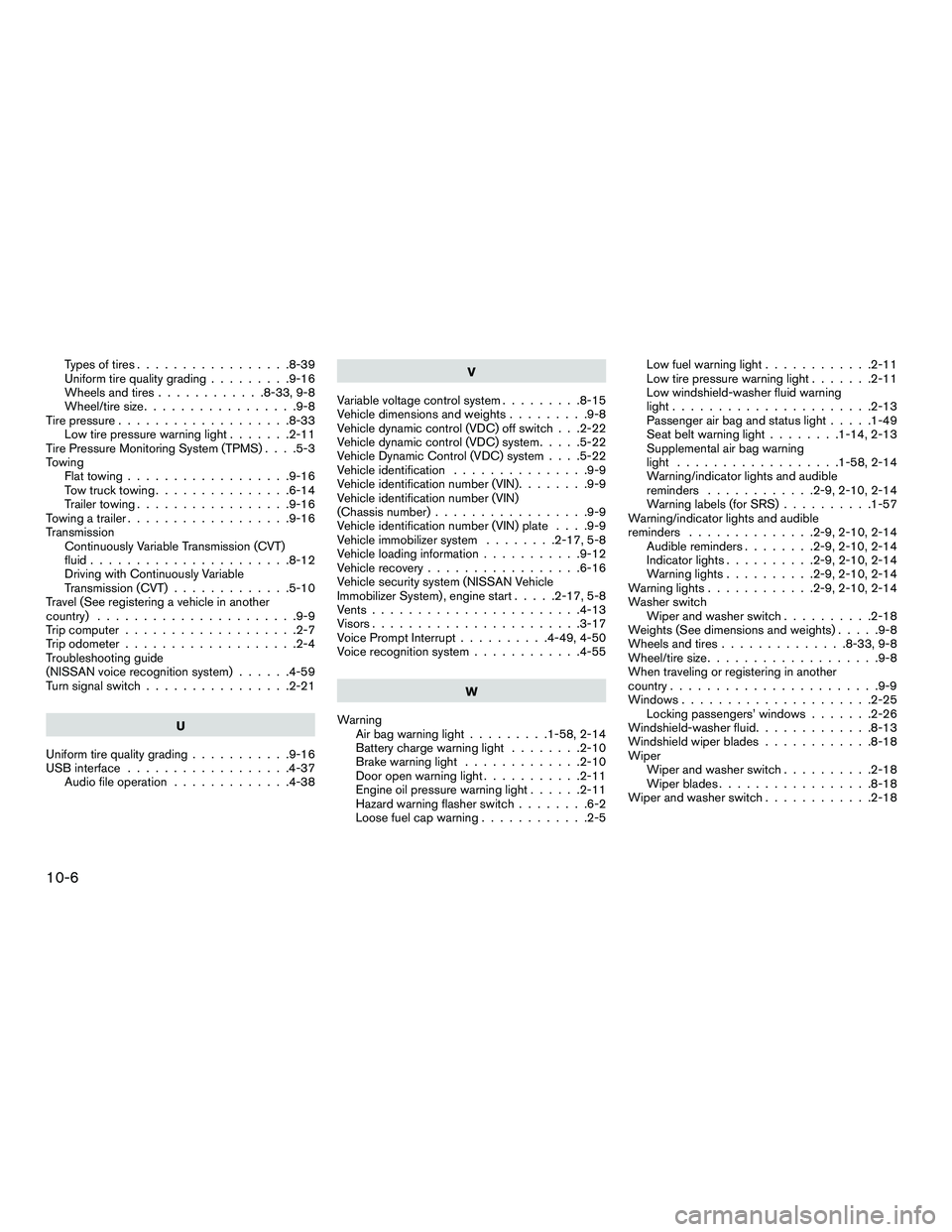 NISSAN NV200 2016  Owners Manual Types of tires.................8-39
Uniform tire quality grading .........9-16
Wheels and tires ............8-33,9-8
Wheel/tire size .................9-8
Tirepressure...................8-33 Low tire p