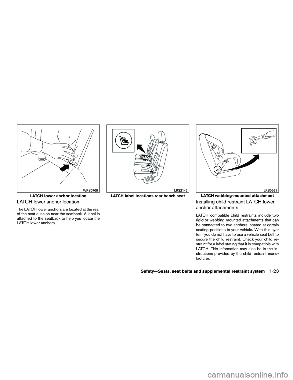 NISSAN NV200 2016  Owners Manual LATCH lower anchor location
The LATCH lower anchors are located at the rear
of the seat cushion near the seatback. A label is
attached to the seatback to help you locate the
LATCH lower anchors.
Insta