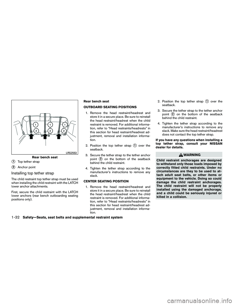 NISSAN NV200 2016 Owners Manual 1Top tether strap
2Anchor point
Installing top tether strap
The child restraint top tether strap must be used
when installing the child restraint with the LATCH
lower anchor attachments.
First, secu NISSAN NV200 2016 Owners Manual 1Top tether strap
2Anchor point
Installing top tether strap
The child restraint top tether strap must be used
when installing the child restraint with the LATCH
lower anchor attachments.
First, secu