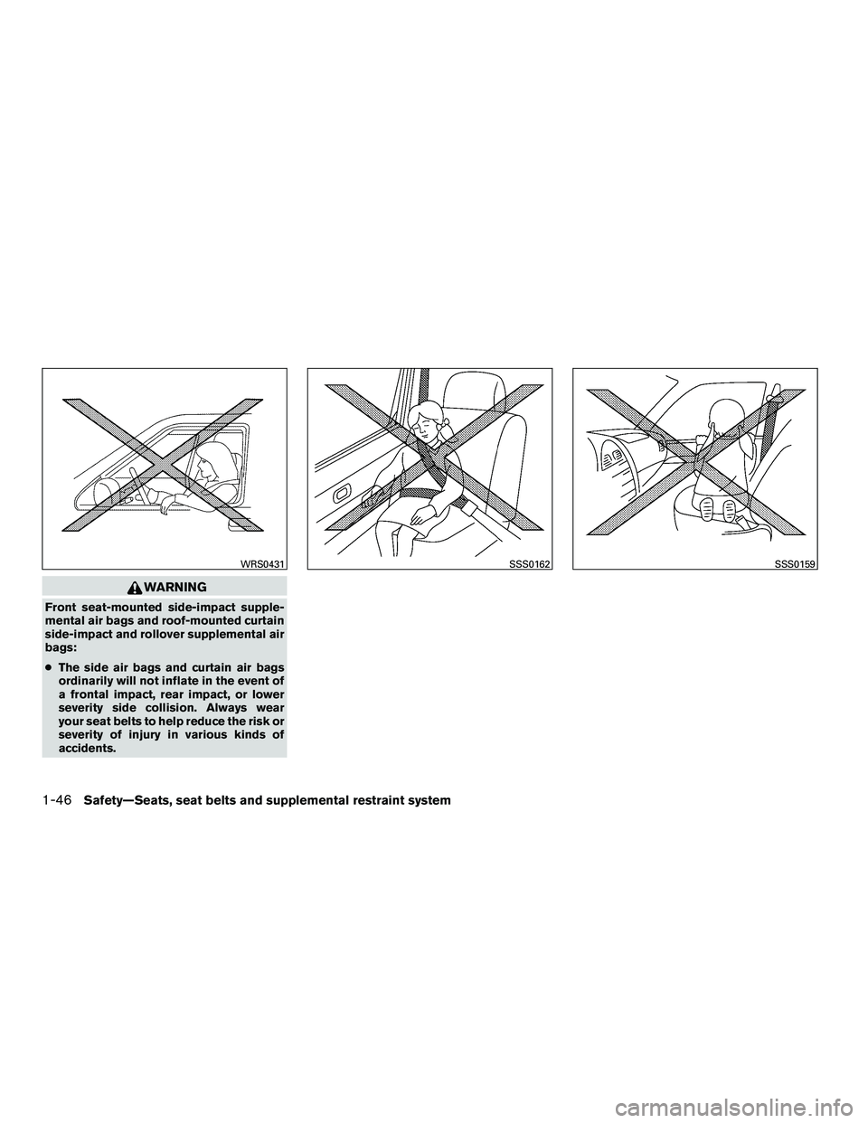 NISSAN NV200 2016  Owners Manual WARNING
Front seat-mounted side-impact supple-
mental air bags and roof-mounted curtain
side-impact and rollover supplemental air
bags:
●The side air bags and curtain air bags
ordinarily will not in