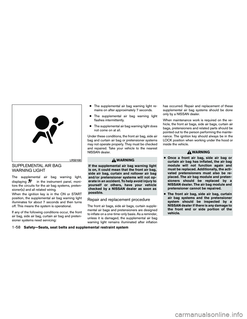 NISSAN NV200 2016 Owners Manual SUPPLEMENTAL AIR BAG
WARNING LIGHT
The supplemental air bag warning light,
displaying
in the instrument panel, moni-
tors the circuits for the air bag systems, preten-
sioner(s) and all related wiring NISSAN NV200 2016 Owners Manual SUPPLEMENTAL AIR BAG
WARNING LIGHT
The supplemental air bag warning light,
displaying
in the instrument panel, moni-
tors the circuits for the air bag systems, preten-
sioner(s) and all related wiring