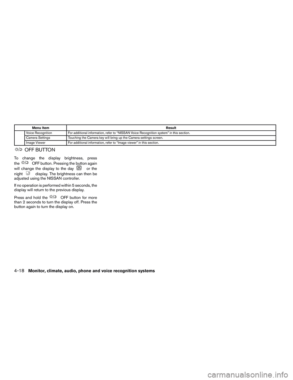 NISSAN PATHFINDER HYBRID 2015  Owners Manual Menu ItemResult
Voice Recognition For additional information, refer to “NISSAN Voice Recognition system” in this section.
Camera Settings Touching the Camera key will bring up the Camera settings 