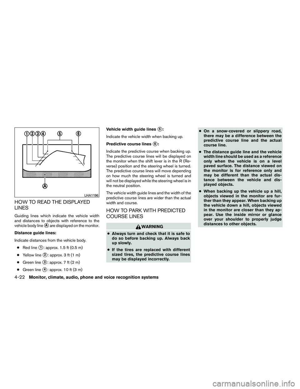 NISSAN PATHFINDER HYBRID 2015 Owners Manual HOW TO READ THE DISPLAYED
LINES
Guiding lines which indicate the vehicle width
and distances to objects with reference to the
vehicle body line
Aare displayed on the monitor.
Distance guide lines:
In NISSAN PATHFINDER HYBRID 2015 Owners Manual HOW TO READ THE DISPLAYED
LINES
Guiding lines which indicate the vehicle width
and distances to objects with reference to the
vehicle body line
Aare displayed on the monitor.
Distance guide lines:
In