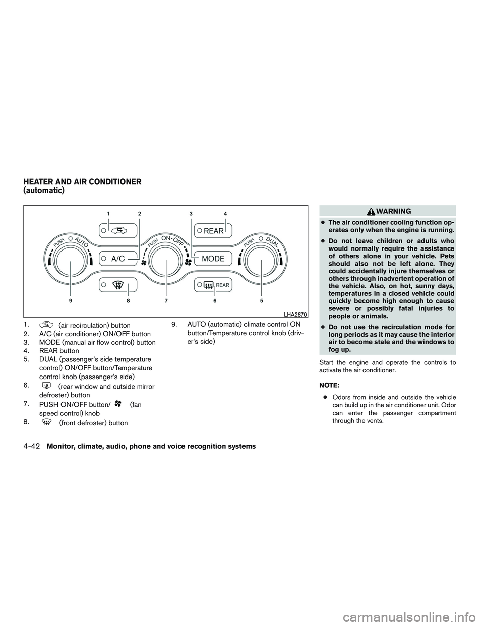 NISSAN PATHFINDER HYBRID 2015 Owners Manual 1.(air recirculation) button
2. A/C (air conditioner) ON/OFF button
3. MODE (manual air flow control) button
4. REAR button
5. DUAL (passenger’s side temperature
control) ON/OFF button/Temperature
c NISSAN PATHFINDER HYBRID 2015 Owners Manual 1.(air recirculation) button
2. A/C (air conditioner) ON/OFF button
3. MODE (manual air flow control) button
4. REAR button
5. DUAL (passenger’s side temperature
control) ON/OFF button/Temperature
c