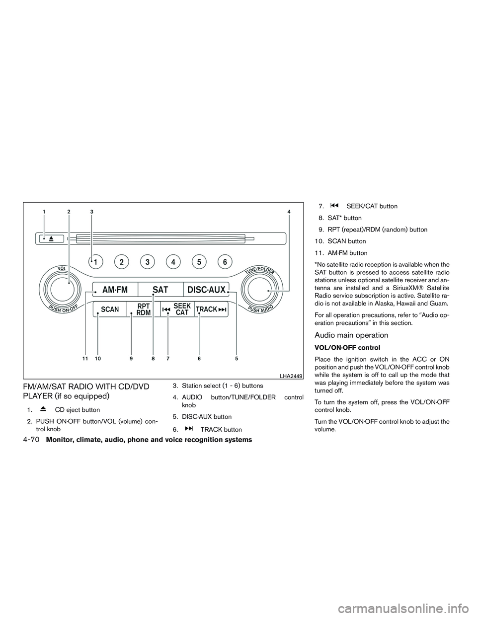 NISSAN PATHFINDER HYBRID 2015 Owners Manual FM/AM/SAT RADIO WITH CD/DVD
PLAYER (if so equipped)
1.CD eject button
2. PUSH ON·OFF button/VOL (volume) con-
trol knob3. Station select (1 - 6) buttons
4. AUDIO button/TUNE/FOLDER control
knob
5. DI NISSAN PATHFINDER HYBRID 2015 Owners Manual FM/AM/SAT RADIO WITH CD/DVD
PLAYER (if so equipped)
1.CD eject button
2. PUSH ON·OFF button/VOL (volume) con-
trol knob3. Station select (1 - 6) buttons
4. AUDIO button/TUNE/FOLDER control
knob
5. DI