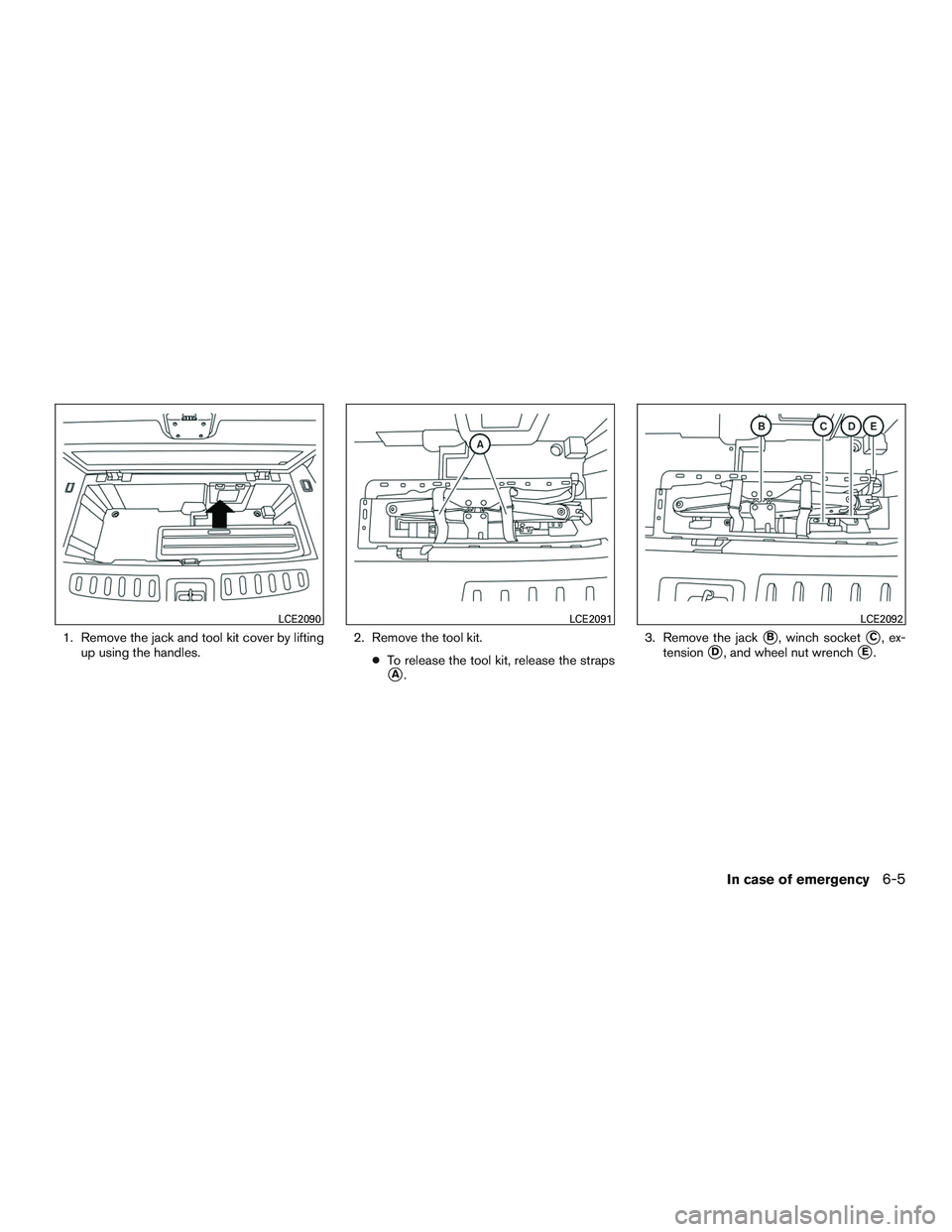 NISSAN PATHFINDER HYBRID 2015  Owners Manual 1. Remove the jack and tool kit cover by lifting
up using the handles.2. Remove the tool kit.
●To release the tool kit, release the straps
A.3. Remove the jack
B, winch socketC, ex-
tension
D, a