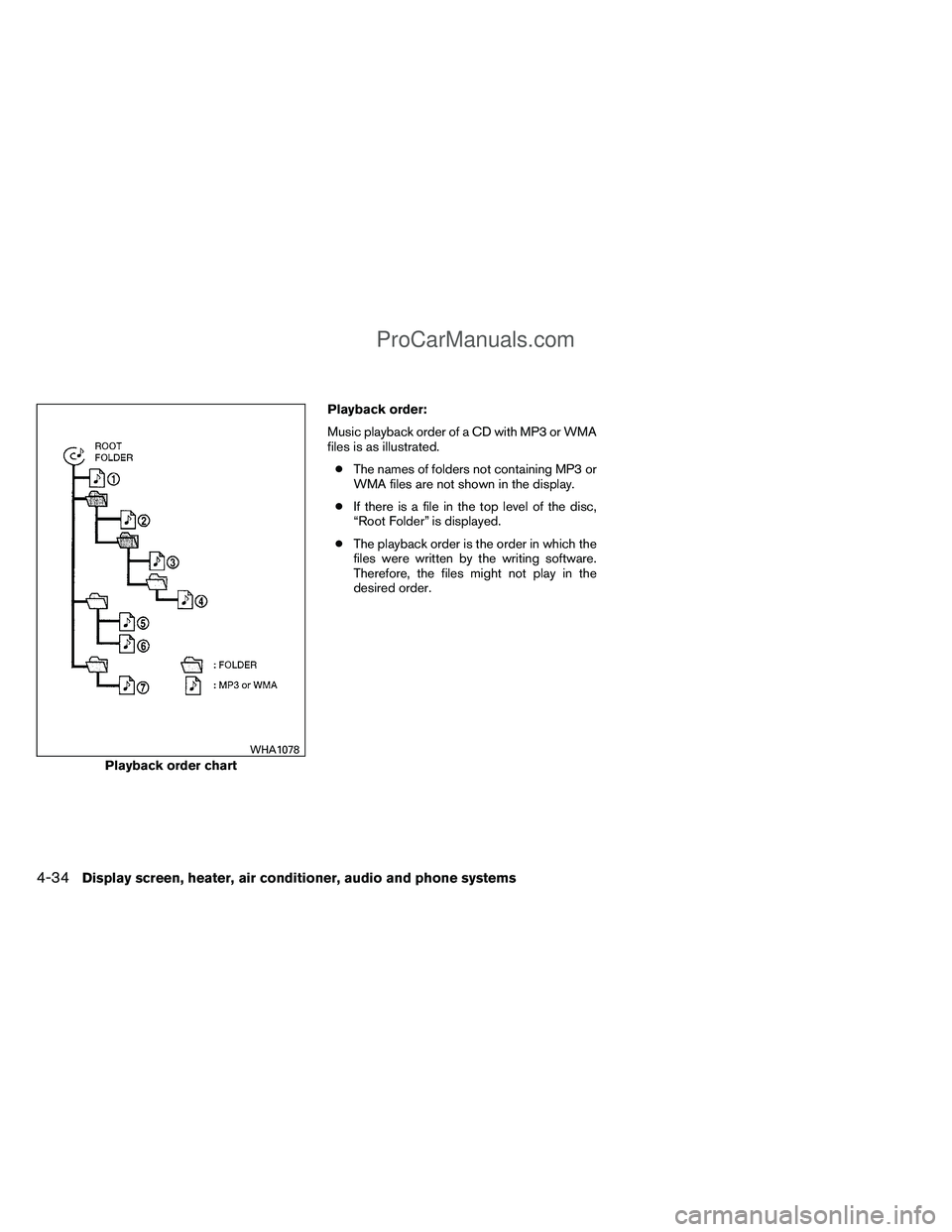 NISSAN TITAN 2012  Owners Manual Playback order:
Music playback order of a CD with MP3 or WMA
files is as illustrated.● The names of folders not containing MP3 or
WMA files are not shown in the display.
● If there is a file in th