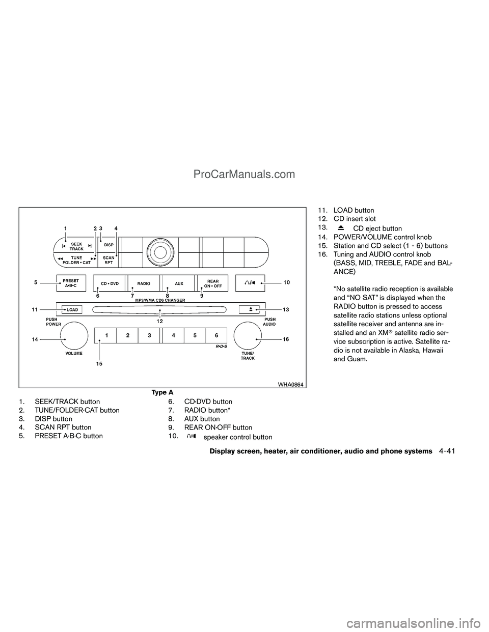 NISSAN TITAN 2012  Owners Manual 1. SEEK/TRACK button
2. TUNE/FOLDER·CAT button
3. DISP button
4. SCAN RPT button
5. PRESET A·B·C button6. CD·DVD button
7. RADIO button*
8. AUX button
9. REAR ON·OFF button
10.
speaker control bu