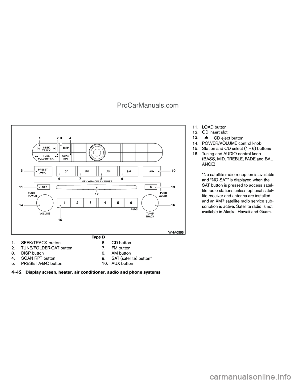 NISSAN TITAN 2012  Owners Manual 1. SEEK/TRACK button
2. TUNE/FOLDER·CAT button
3. DISP button
4. SCAN RPT button
5. PRESET A·B·C button6. CD button
7. FM button
8. AM button
9. SAT (satellite) button*
10. AUX button11. LOAD butto
