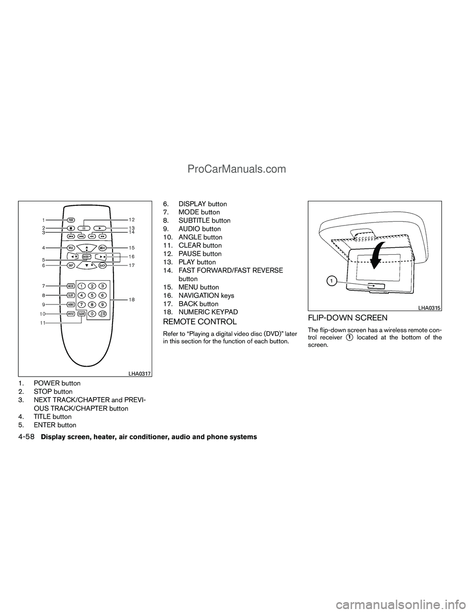 NISSAN TITAN 2012  Owners Manual 1. POWER button
2. STOP button
3. NEXT TRACK/CHAPTER and PREVI-OUS TRACK/CHAPTER button
4. TITLE button
5. ENTER button 6. DISPLAY button
7. MODE button
8. SUBTITLE button
9. AUDIO button
10. ANGLE bu