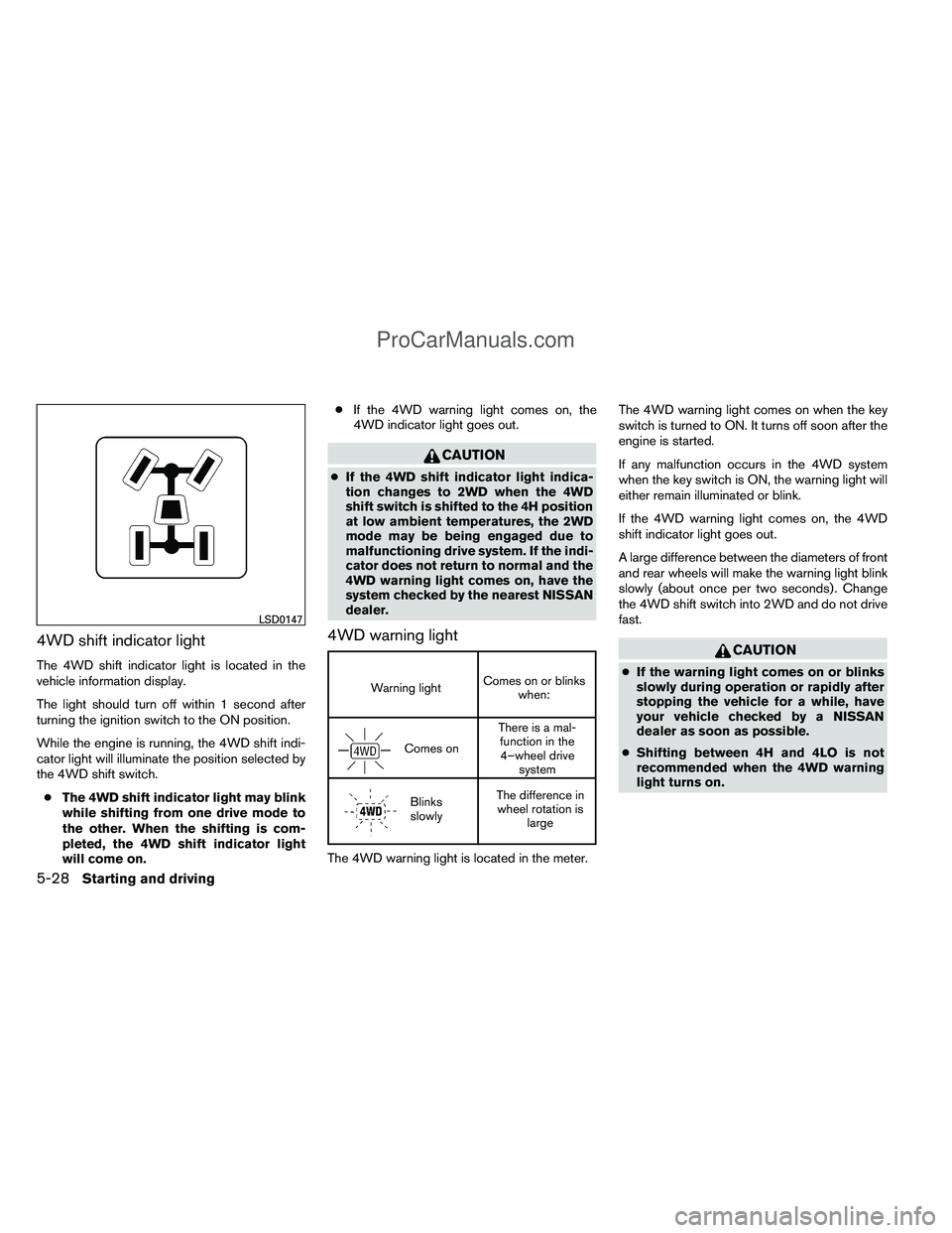 NISSAN TITAN 2012 Owners Manual 4WD shift indicator light
The 4WD shift indicator light is located in the
vehicle information display.
The light should turn off within 1 second after
turning the ignition switch to the ON position.
W NISSAN TITAN 2012 Owners Manual 4WD shift indicator light
The 4WD shift indicator light is located in the
vehicle information display.
The light should turn off within 1 second after
turning the ignition switch to the ON position.
W