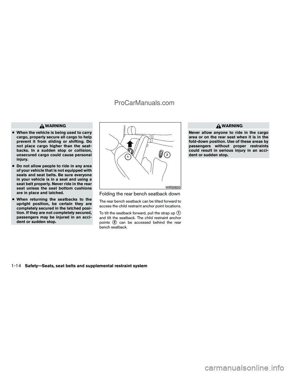 NISSAN TITAN 2012 Owners Manual WARNING
●When the vehicle is being used to carry
cargo, properly secure all cargo to help
prevent it from sliding or shifting. Do
not place cargo higher than the seat-
backs. In a sudden stop or col NISSAN TITAN 2012 Owners Manual WARNING
●When the vehicle is being used to carry
cargo, properly secure all cargo to help
prevent it from sliding or shifting. Do
not place cargo higher than the seat-
backs. In a sudden stop or col