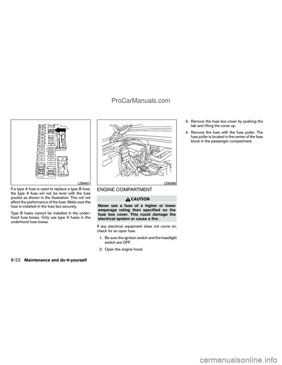NISSAN TITAN 2012  Owners Manual If a type A fuse is used to replace a type B fuse,
the type A fuse will not be level with the fuse
pocket as shown in the illustration. This will not
affect the performance of the fuse. Make sure the
