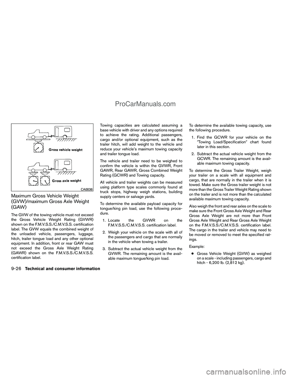 NISSAN TITAN 2012 Owners Manual Maximum Gross Vehicle Weight
(GVW)/maximum Gross Axle Weight
(GAW)
The GVW of the towing vehicle must not exceed
the Gross Vehicle Weight Rating (GVWR)
shown on the F.M.V.S.S./C.M.V.S.S. certification NISSAN TITAN 2012 Owners Manual Maximum Gross Vehicle Weight
(GVW)/maximum Gross Axle Weight
(GAW)
The GVW of the towing vehicle must not exceed
the Gross Vehicle Weight Rating (GVWR)
shown on the F.M.V.S.S./C.M.V.S.S. certification