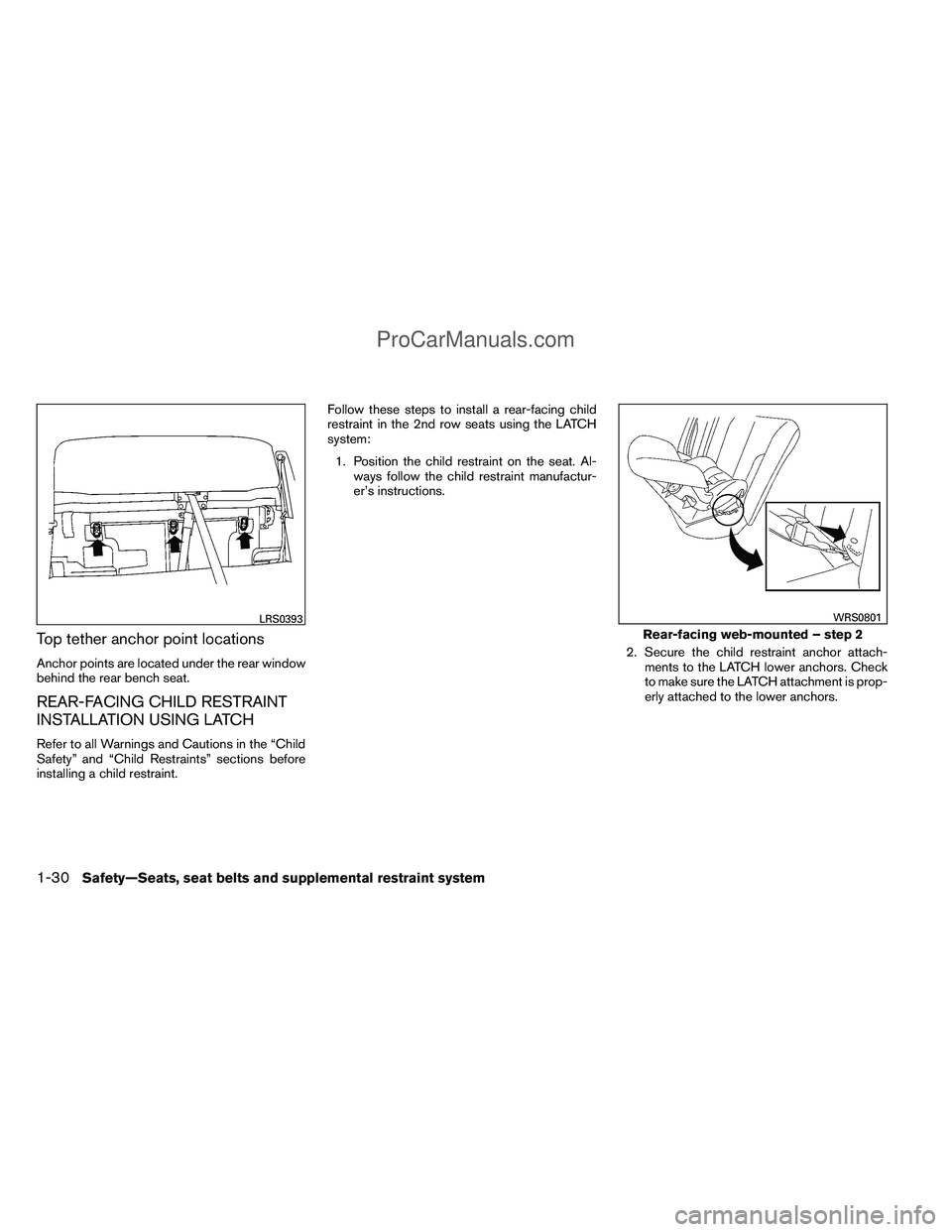 NISSAN TITAN 2012  Owners Manual Top tether anchor point locations
Anchor points are located under the rear window
behind the rear bench seat.
REAR-FACING CHILD RESTRAINT
INSTALLATION USING LATCH
Refer to all Warnings and Cautions in