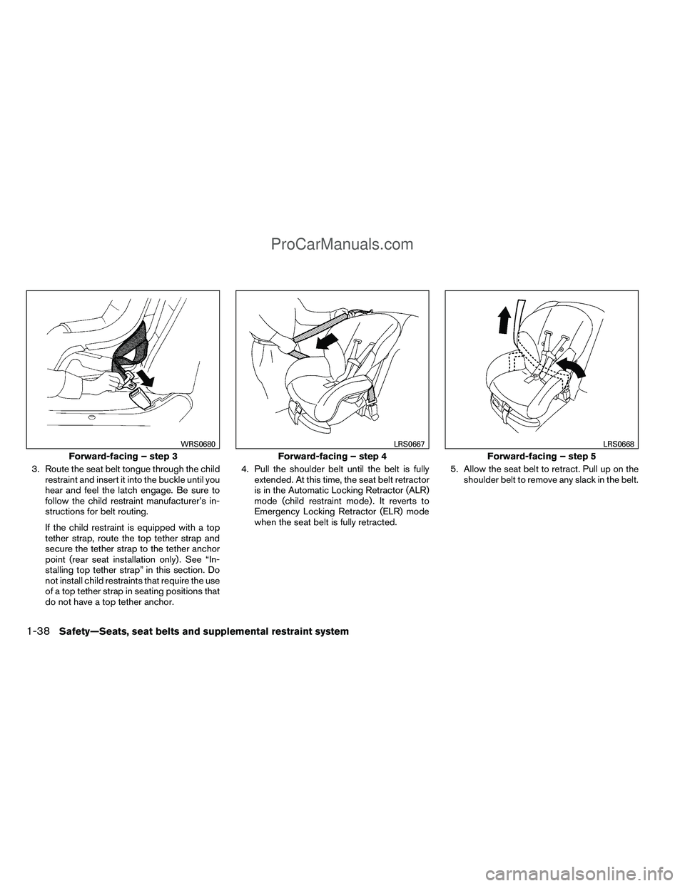 NISSAN TITAN 2012 Owners Manual 3. Route the seat belt tongue through the childrestraint and insert it into the buckle until you
hear and feel the latch engage. Be sure to
follow the child restraint manufacturer’s in-
structions f NISSAN TITAN 2012 Owners Manual 3. Route the seat belt tongue through the childrestraint and insert it into the buckle until you
hear and feel the latch engage. Be sure to
follow the child restraint manufacturer’s in-
structions f