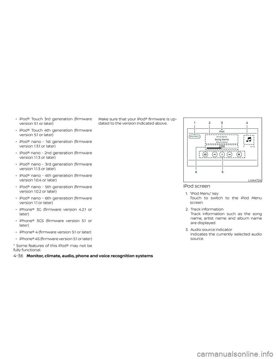 NISSAN VERSA 2019 Owners Manual ∙ iPod® Touch 3rd generation (firmwareversion 5.1 or later)
∙ iPod® Touch 4th generation (firmware version 5.1 or later)
∙ iPod® nano - 1st generation (firmware version 1.3.1 or later)
∙ iP NISSAN VERSA 2019 Owners Manual ∙ iPod® Touch 3rd generation (firmwareversion 5.1 or later)
∙ iPod® Touch 4th generation (firmware version 5.1 or later)
∙ iPod® nano - 1st generation (firmware version 1.3.1 or later)
∙ iP