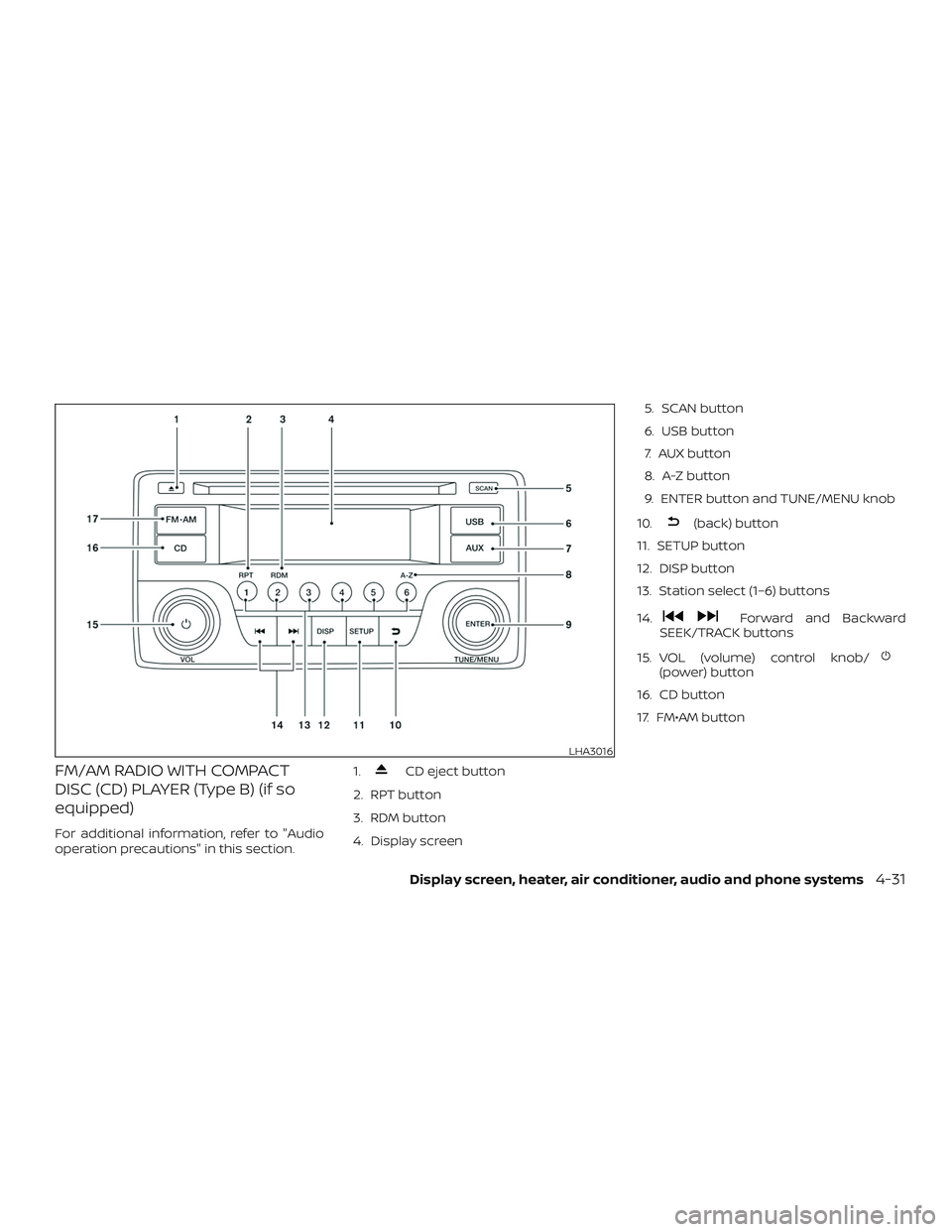 NISSAN VERSA 2018  Owners Manual FM/AM RADIO WITH COMPACT
DISC (CD) PLAYER (Type B) (if so
equipped)
For additional information, refer to "Audio
operation precautions" in this section.1.
CD eject button
2. RPT button
3. RDM b