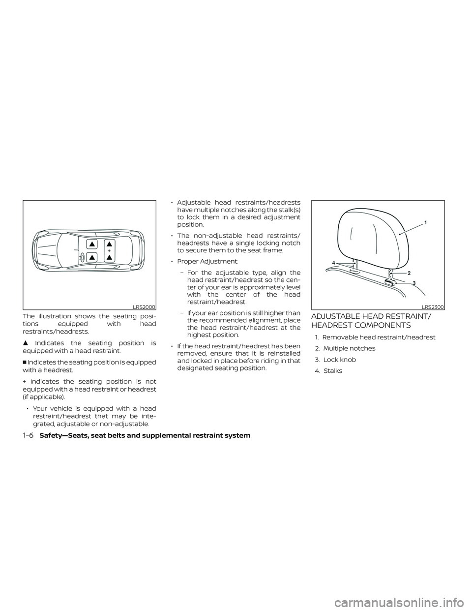 NISSAN VERSA 2018  Owners Manual The illustration shows the seating posi-
tions equipped with head
restraints/headrests.
Indicates the seating position is
equipped with a head restraint.
Indicates the seating position is equipped
w