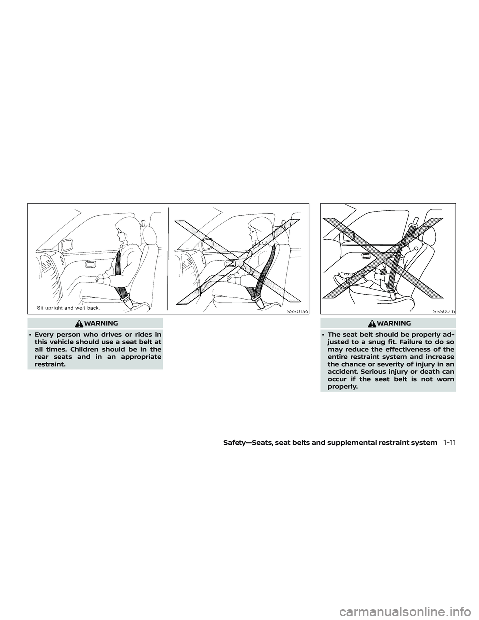 NISSAN VERSA 2018  Owners Manual WARNING
∙ Every person who drives or rides in
this vehicle should use a seat belt at
all times. Children should be in the
rear seats and in an appropriate
restraint.
WARNING
∙ The seat belt should
