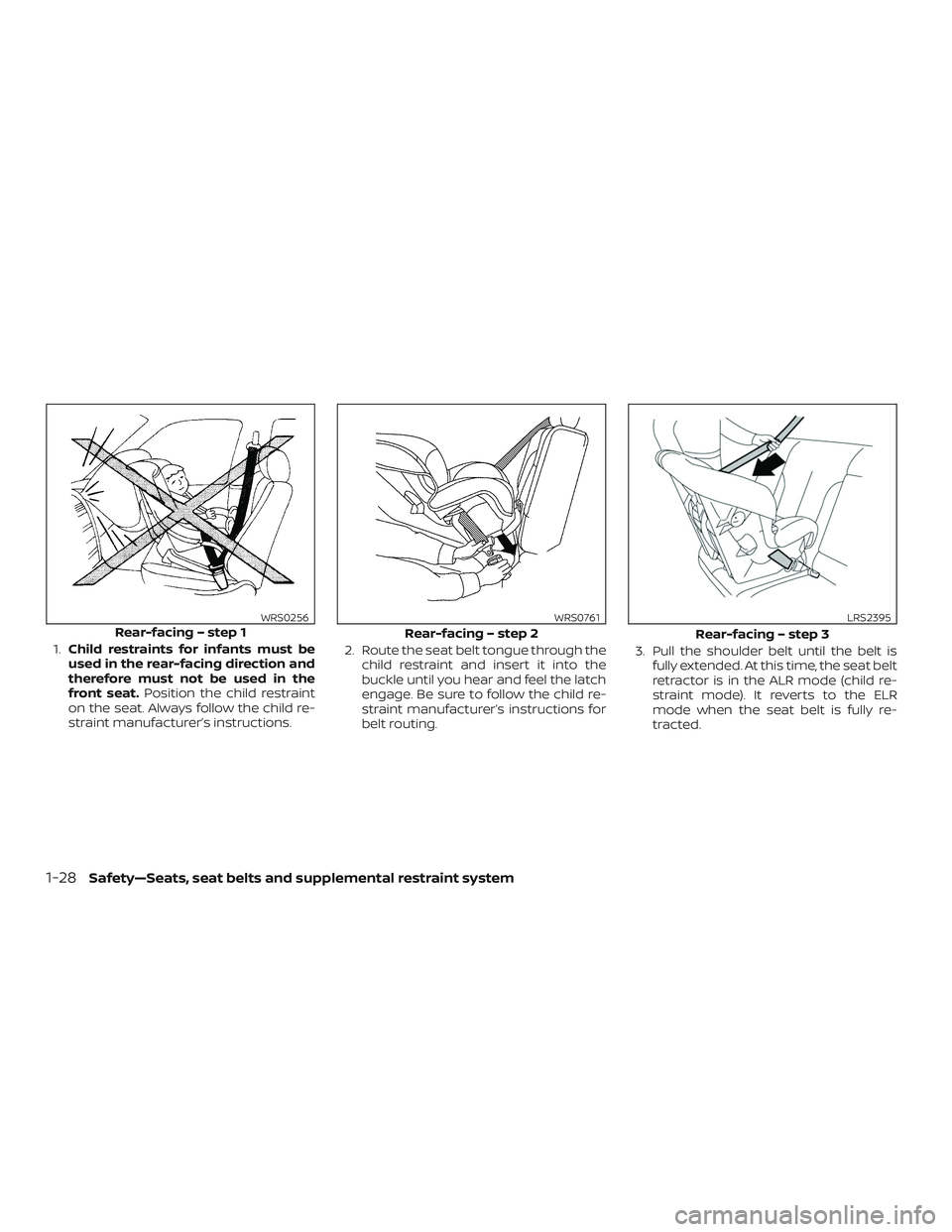 NISSAN VERSA 2018  Owners Manual 1.Child restraints for infants must be
used in the rear-facing direction and
therefore must not be used in the
front seat.Position the child restraint
on the seat. Always follow the child re-
straint 