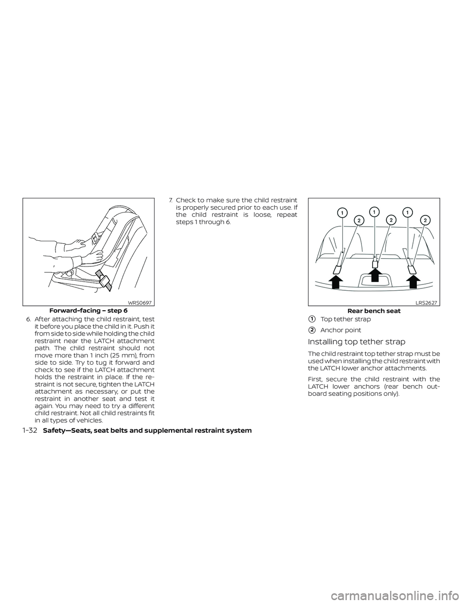 NISSAN VERSA 2018  Owners Manual 6. Af ter attaching the child restraint, test
it before you place the child in it. Push it
from side to side while holding the child
restraint near the LATCH attachment
path. The child restraint shoul