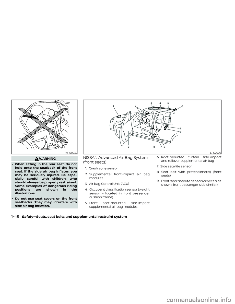 NISSAN VERSA 2018  Owners Manual WARNING
∙ When sitting in the rear seat, do not
hold onto the seatback of the front
seat. If the side air bag inflates, you
may be seriously injured. Be espe-
cially careful with children, who
shoul