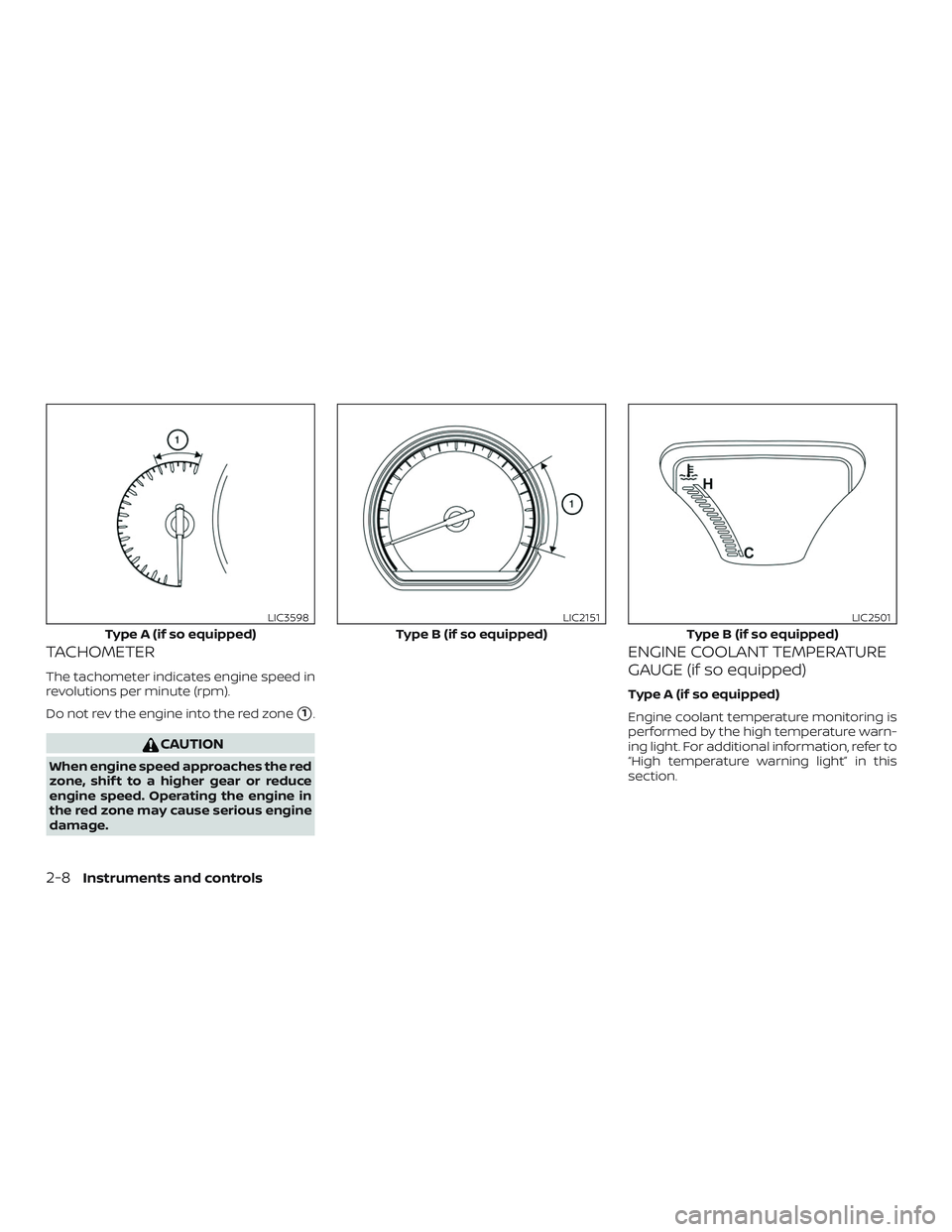 NISSAN VERSA 2018  Owners Manual TACHOMETER
The tachometer indicates engine speed in
revolutions per minute (rpm).
Do not rev the engine into the red zone
1.
CAUTION
When engine speed approaches the red
zone, shif t to a higher gear