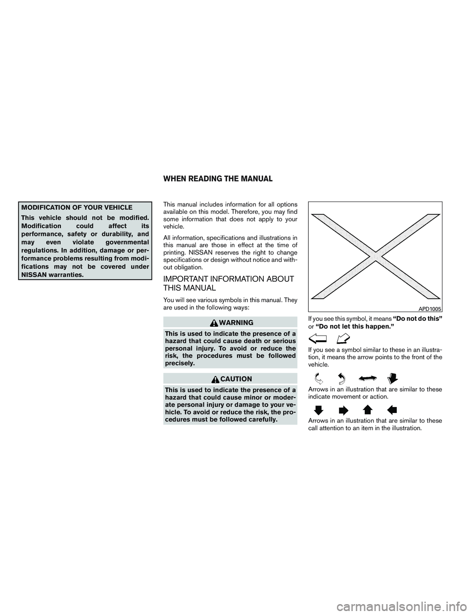 NISSAN VERSA 2013  Owners Manual MODIFICATION OF YOUR VEHICLE
This vehicle should not be modified.
Modification could affect its
performance, safety or durability, and
may even violate governmental
regulations. In addition, damage or
