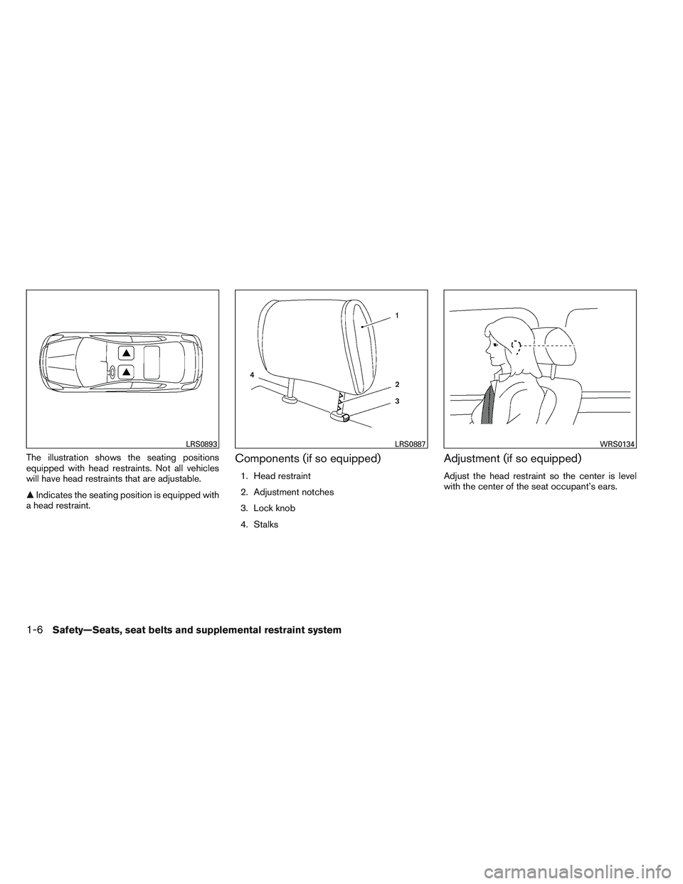 NISSAN VERSA 2013  Owners Manual The illustration shows the seating positions
equipped with head restraints. Not all vehicles
will have head restraints that are adjustable.
Indicates the seating position is equipped with
a head rest