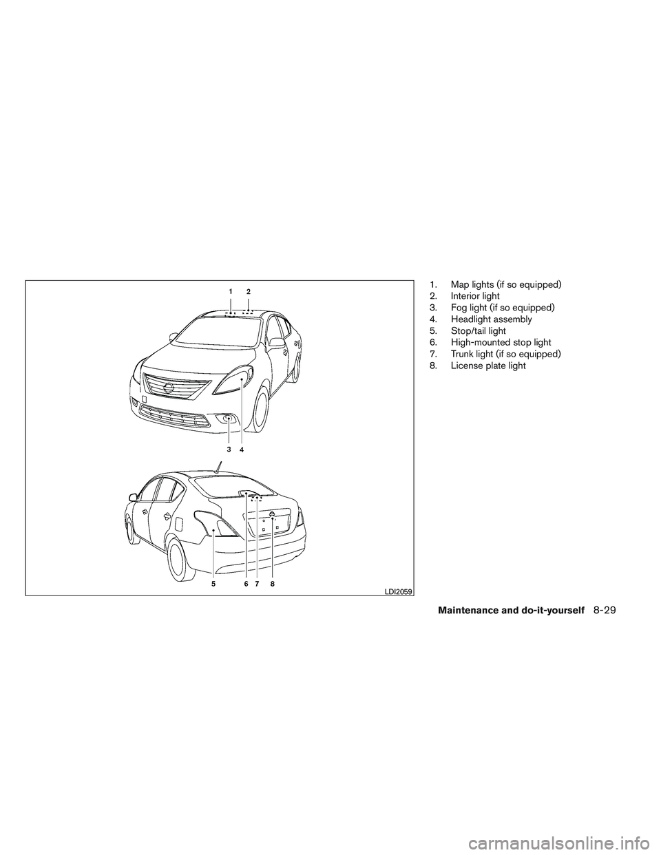 NISSAN VERSA 2013  Owners Manual 1. Map lights (if so equipped)
2. Interior light
3. Fog light (if so equipped)
4. Headlight assembly
5. Stop/tail light
6. High-mounted stop light
7. Trunk light (if so equipped)
8. License plate ligh