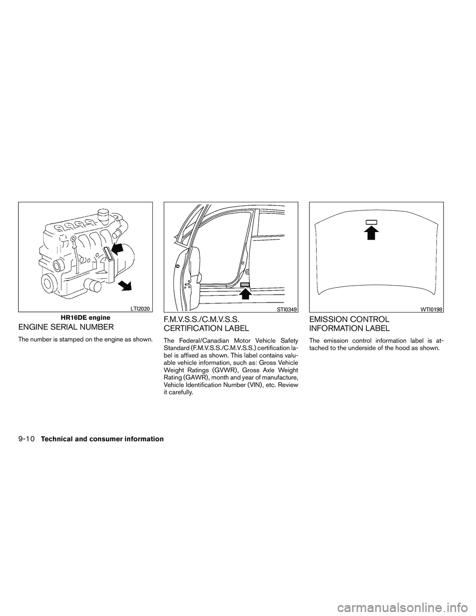 NISSAN VERSA 2013  Owners Manual ENGINE SERIAL NUMBER
The number is stamped on the engine as shown.
F.M.V.S.S./C.M.V.S.S.
CERTIFICATION LABEL
The Federal/Canadian Motor Vehicle Safety
Standard (F.M.V.S.S./C.M.V.S.S.) certification la
