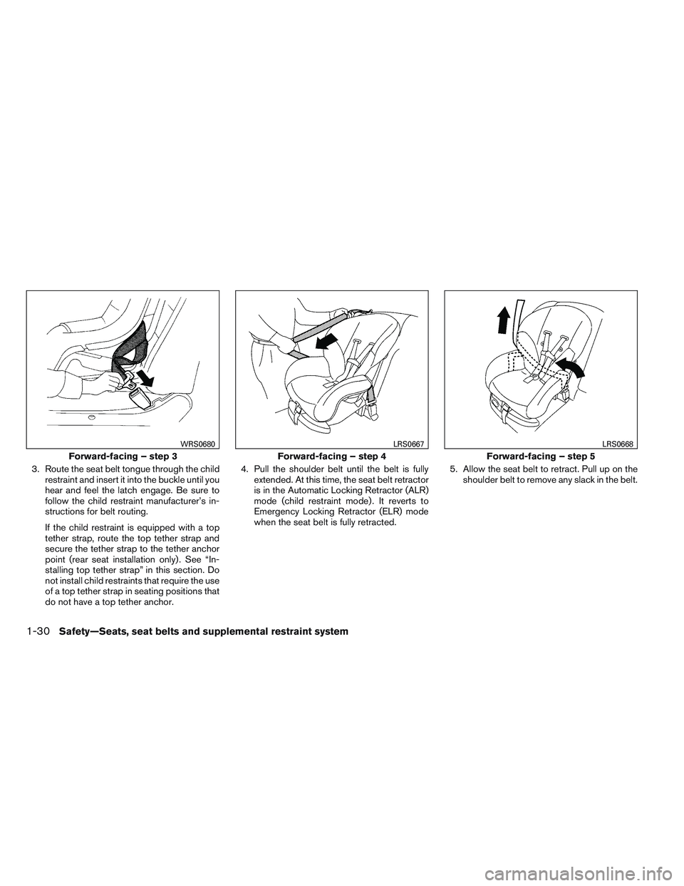 NISSAN VERSA 2013  Owners Manual 3. Route the seat belt tongue through the childrestraint and insert it into the buckle until you
hear and feel the latch engage. Be sure to
follow the child restraint manufacturer’s in-
structions f