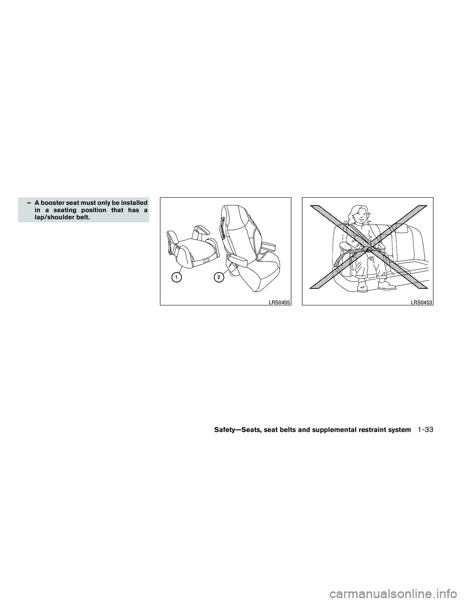 NISSAN VERSA 2013  Owners Manual – A booster seat must only be installedin a seating position that has a
lap/shoulder belt.
LRS0455LRS0453
Safety—Seats, seat belts and supplemental restraint system1-33 