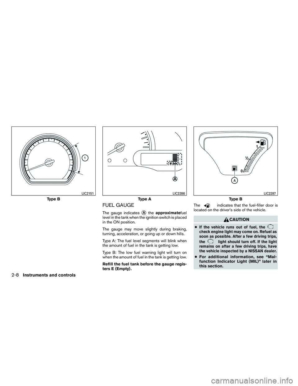 NISSAN VERSA 2013  Owners Manual FUEL GAUGE
The gauge indicatesAtheapproximatefuel
level in the tank when the ignition switch is placed
in the ON position.
The gauge may move slightly during braking,
turning, acceleration, or going 