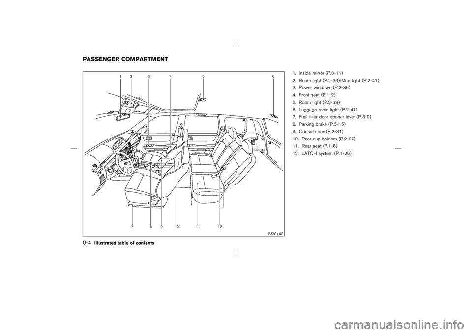 NISSAN X-TRAIL 2006  Owners Manual 1. Inside mirror (P.3-11)
2. Room light (P.2-39)/Map light (P.2-41)
3. Power windows (P.2-36)
4. Front seat (P.1-2)
5. Room light (P.2-39)
6. Luggage room light (P.2-41)
7. Fuel-filler door opener lev
