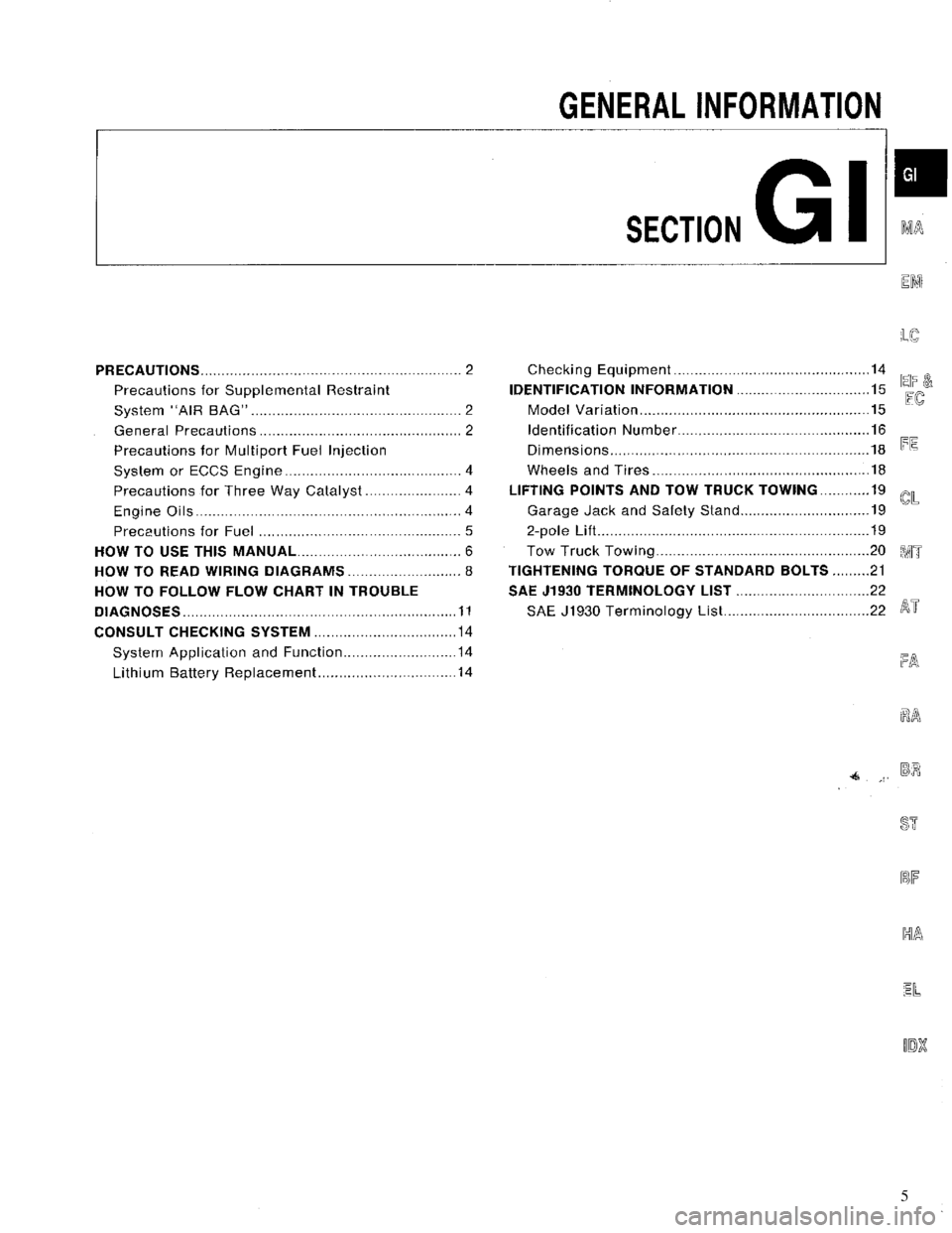NISSAN MAXIMA 1994 A32 / 4.G General Information Workshop Manual 5 