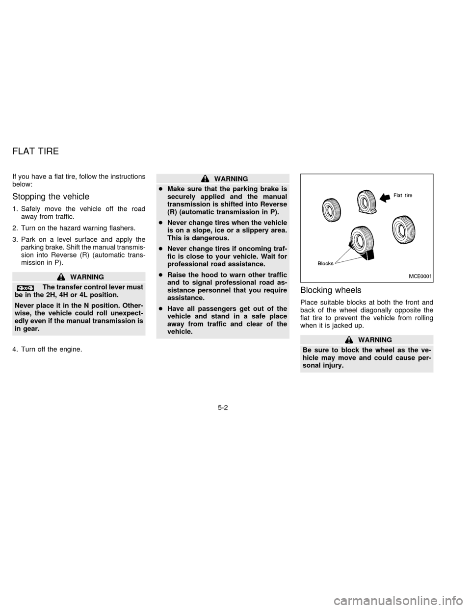 NISSAN FRONTIER 1996 D22 / 1.G Owners Manual If you have a flat tire, follow the instructions
below:
Stopping the vehicle
1. Safely move the vehicle off the road
away from traffic.
2. Turn on the hazard warning flashers.
3. Park on a level surfa NISSAN FRONTIER 1996 D22 / 1.G Owners Manual If you have a flat tire, follow the instructions
below:
Stopping the vehicle
1. Safely move the vehicle off the road
away from traffic.
2. Turn on the hazard warning flashers.
3. Park on a level surfa