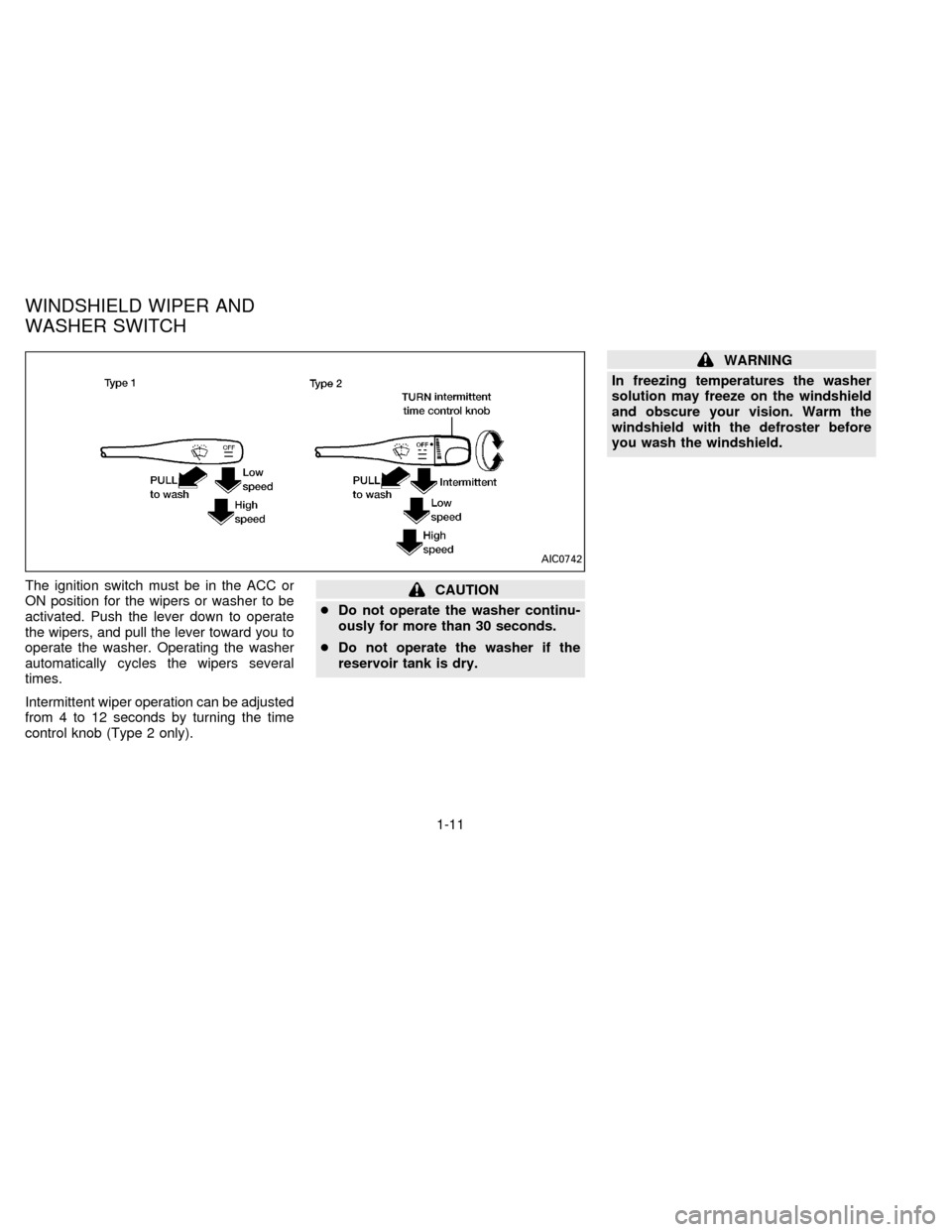 NISSAN FRONTIER 1996 D22 / 1.G Owners Manual The ignition switch must be in the ACC or
ON position for the wipers or washer to be
activated. Push the lever down to operate
the wipers, and pull the lever toward you to
operate the washer. Operatin
