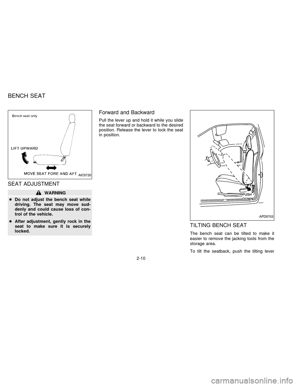 NISSAN FRONTIER 1996 D22 / 1.G Owners Manual SEAT ADJUSTMENT
WARNING
cDo not adjust the bench seat while
driving. The seat may move sud-
denly and could cause loss of con-
trol of the vehicle.
cAfter adjustment, gently rock in the
seat to make s