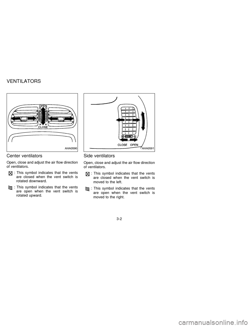 NISSAN QUEST 1996 V40 / 1.G Owners Manual Center ventilators
Open, close and adjust the air flow direction
of ventilators.
: This symbol indicates that the vents
are closed when the vent switch is
rotated downward.
: This symbol indicates tha