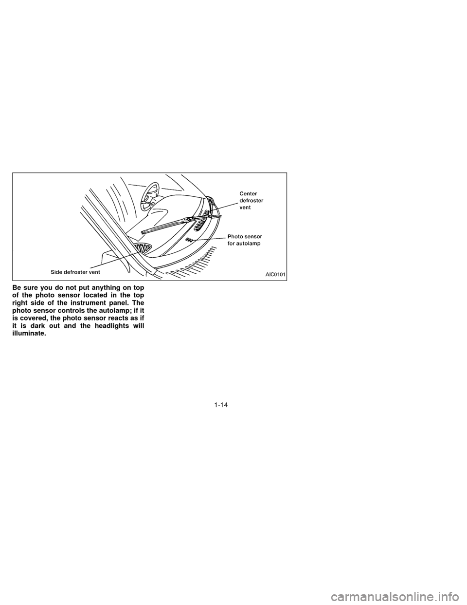 NISSAN QUEST 1996 V40 / 1.G Owners Manual Be sure you do not put anything on top
of the photo sensor located in the top
right side of the instrument panel. The
photo sensor controls the autolamp; if it
is covered, the photo sensor reacts as i