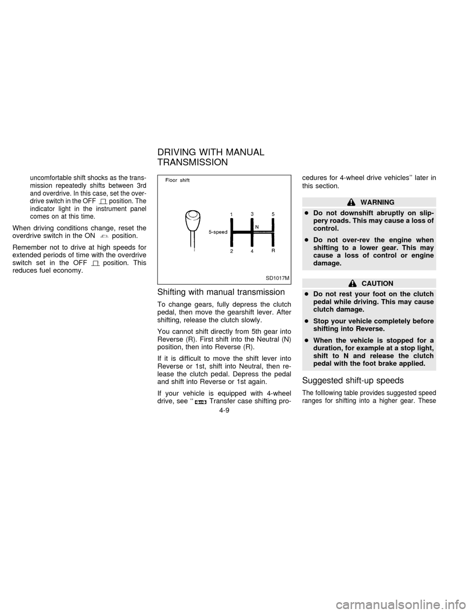 NISSAN FRONTIER 1997 D22 / 1.G Owners Manual uncomfortable shift shocks as the trans-
mission repeatedly shifts between 3rd
and overdrive. In this case, set the over-
drive switch in the OFF
position. The
indicator light in the instrument panel
NISSAN FRONTIER 1997 D22 / 1.G Owners Manual uncomfortable shift shocks as the trans-
mission repeatedly shifts between 3rd
and overdrive. In this case, set the over-
drive switch in the OFF
position. The
indicator light in the instrument panel
