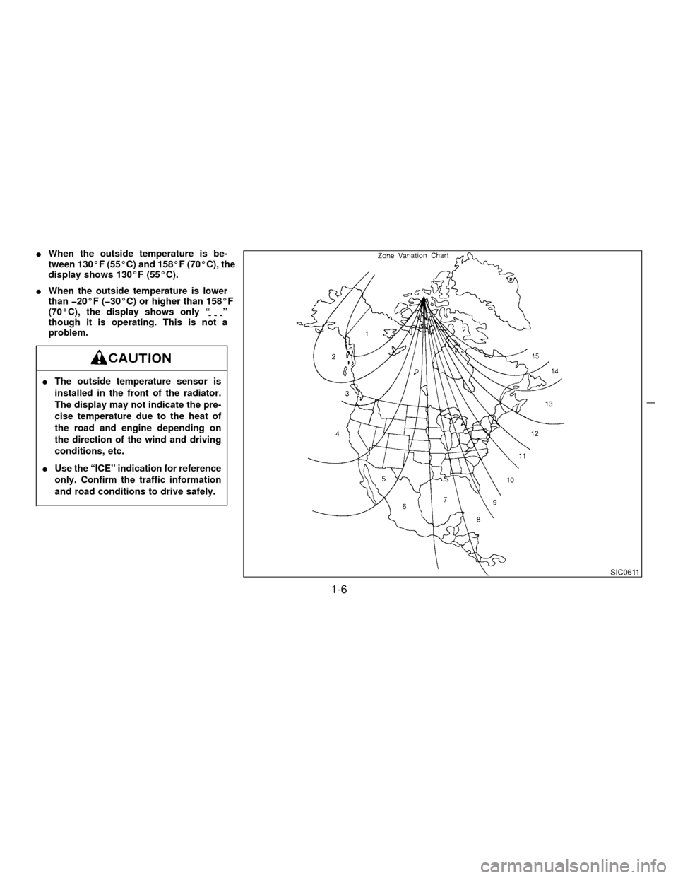 NISSAN PATHFINDER 1997 R50 / 2.G Owners Manual IWhen the outside temperature is be-
tween 130ÉF (55ÉC) and 158ÉF (70ÉC), the
display shows 130ÉF (55ÉC).
IWhen the outside temperature is lower
than þ20ÉF (þ30ÉC) or higher than 158ÉF
(70