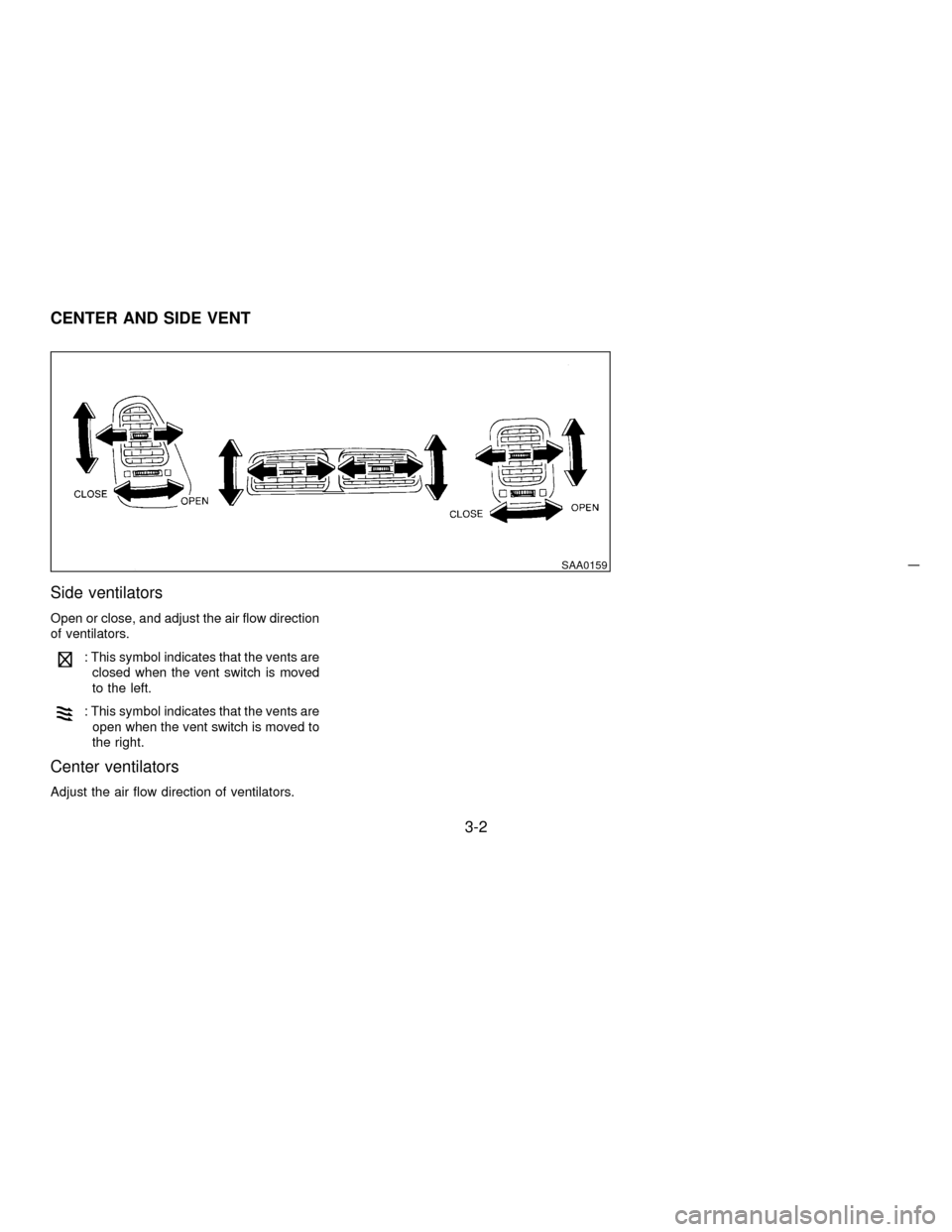 NISSAN PATHFINDER 1997 R50 / 2.G Owners Manual Side ventilators
Open or close, and adjust the air flow direction
of ventilators.
: This symbol indicates that the vents are
closed when the vent switch is moved
to the left.
: This symbol indicates t
