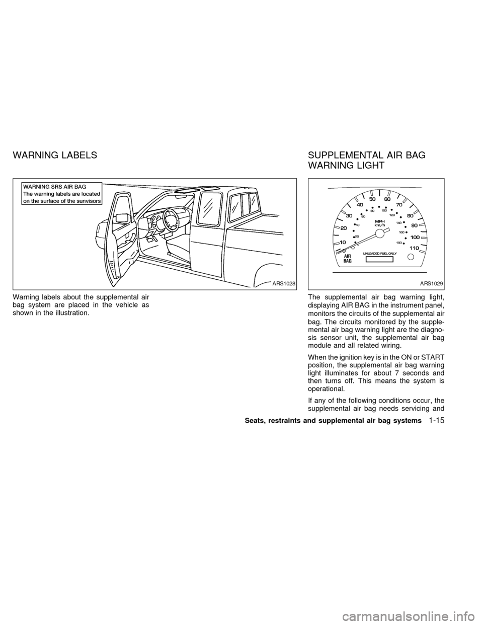 NISSAN FRONTIER 1998 D22 / 1.G Owners Manual Warning labels about the supplemental air
bag system are placed in the vehicle as
shown in the illustration.The supplemental air bag warning light,
displaying AIR BAG in the instrument panel,
monitors