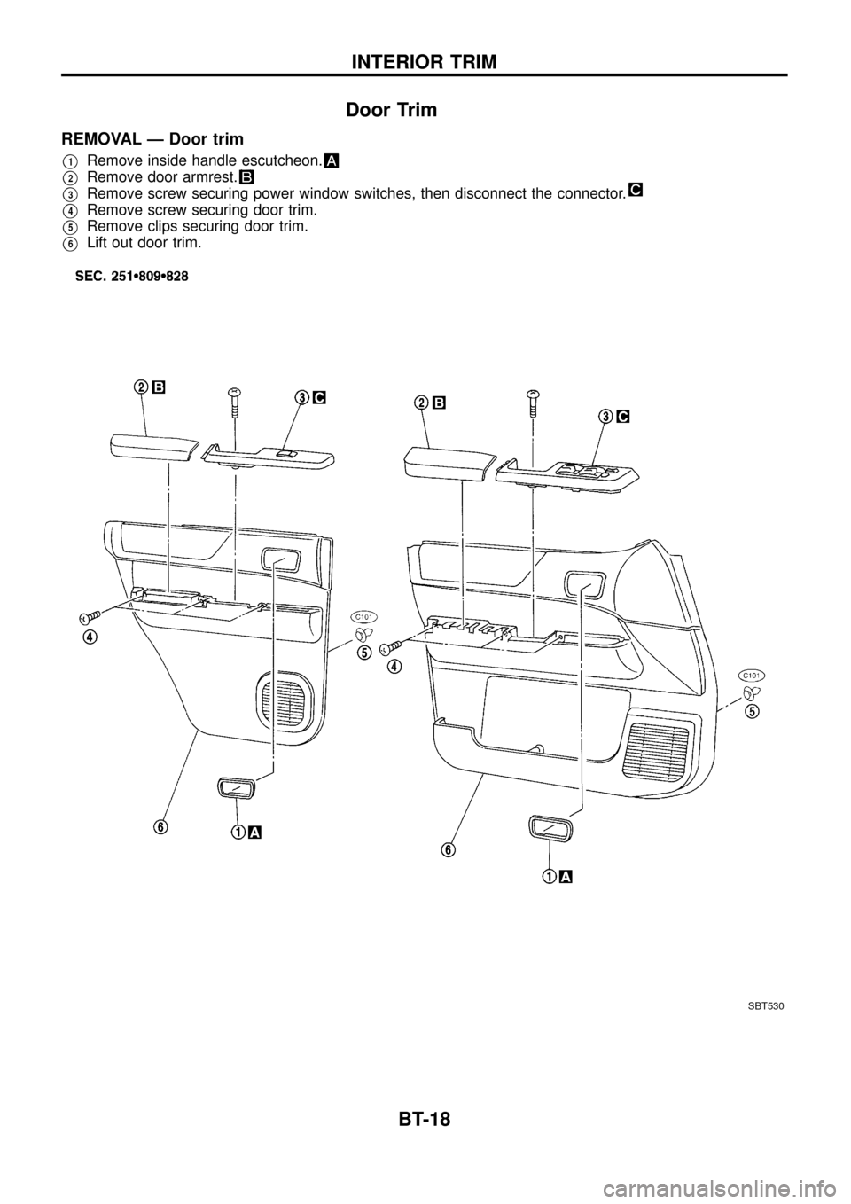 NISSAN PATROL 1998 Y61 / 5.G Body Workshop Manual Door Trim
REMOVAL Ð Door trim
V1Remove inside handle escutcheon.
V2Remove door armrest.
V3Remove screw securing power window switches, then disconnect the connector.
V4Remove screw securing door trim
