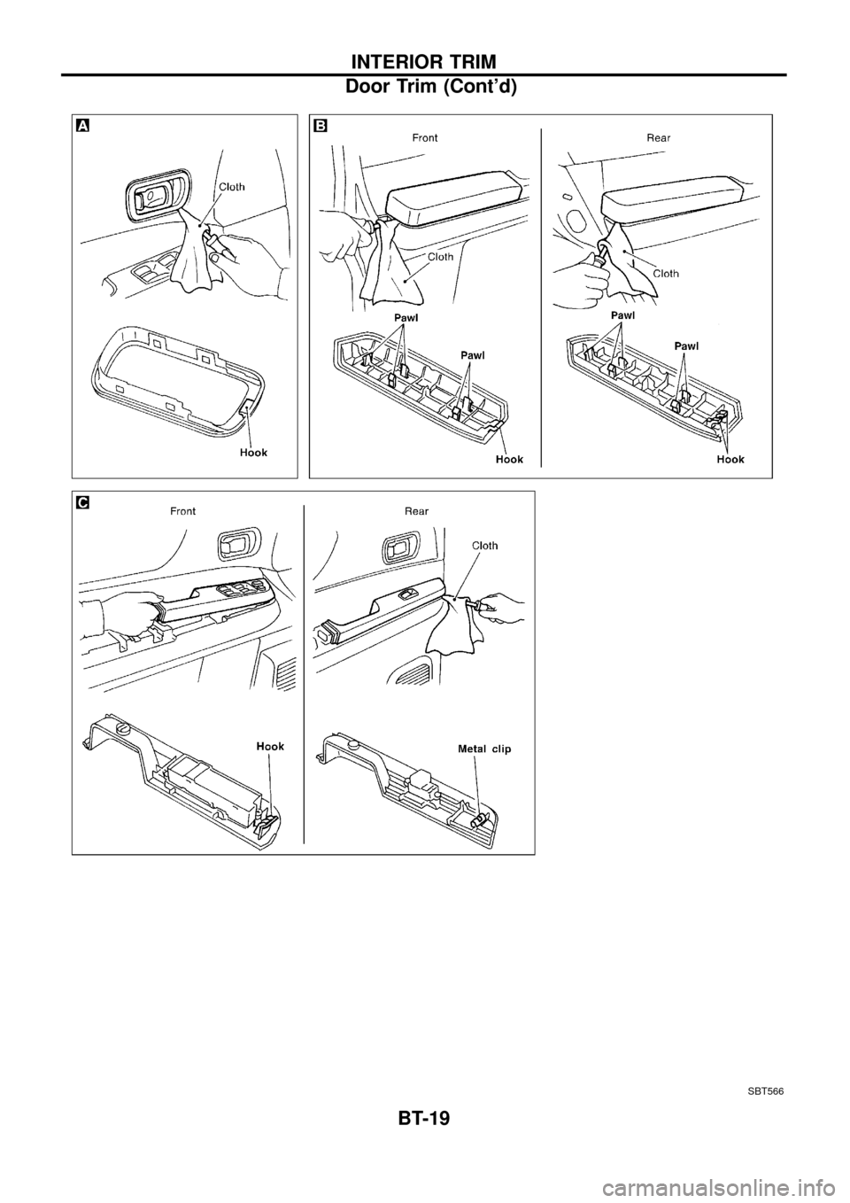 NISSAN PATROL 1998 Y61 / 5.G Body Workshop Manual SBT566
INTERIOR TRIM
Door Trim (Contd)
BT-19 