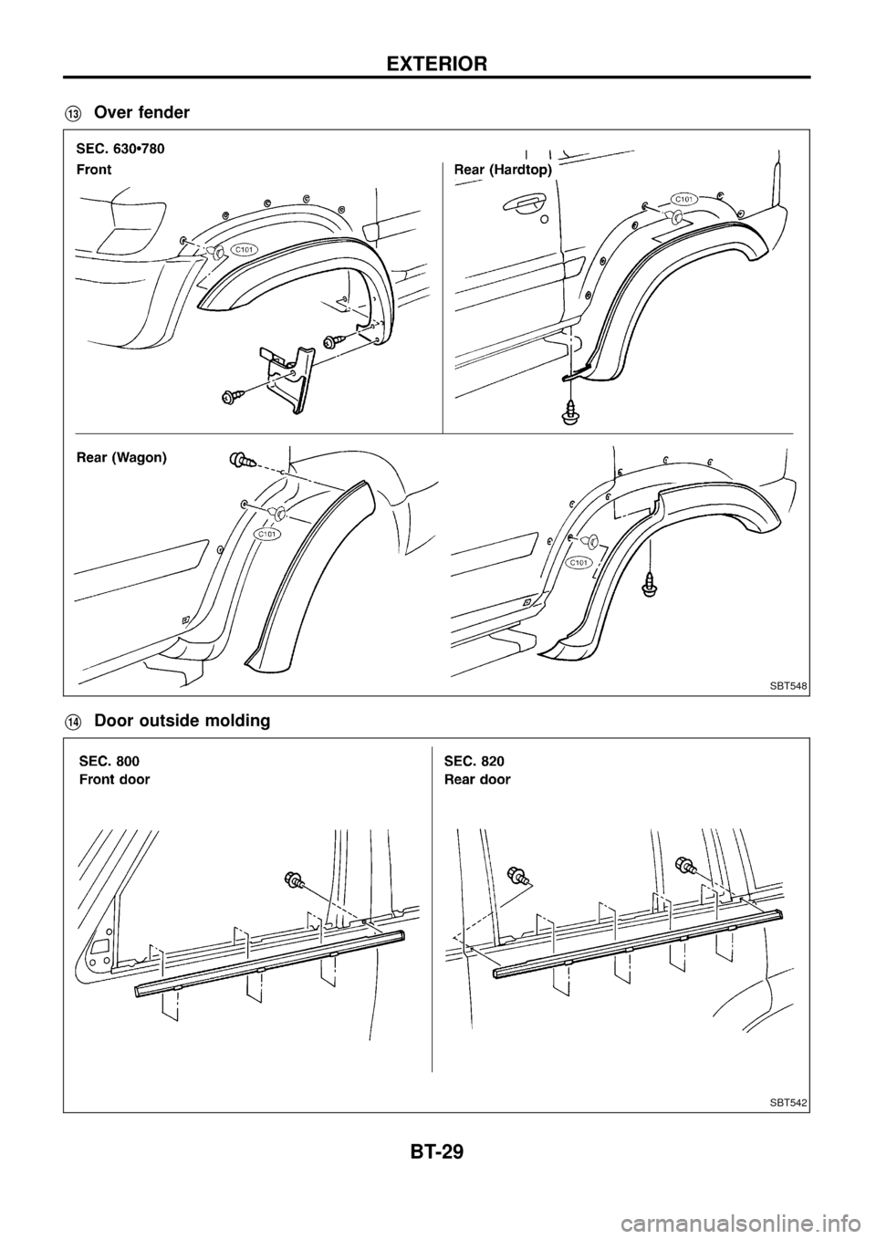 NISSAN PATROL 1998 Y61 / 5.G Body Workshop Manual V13Over fender
V14Door outside molding
SBT548
SBT542
EXTERIOR
BT-29 
